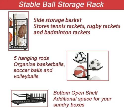 Vista 5 de INGIORDAR Organizador de baloncesto para almacenamiento de bolas, equipo deportivo, soporte de garaje de 6 niveles para fútbol, voleibol, fútbol