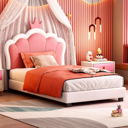 Vista 10 de Bonita cama de princesa tapizada de tamaño individual con cabecera corona, plataforma de piel sintética rosa para niños y niñas, no requiere somier