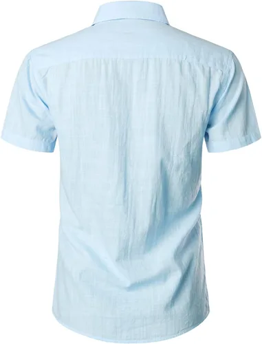 Vista 2 de ZEROYAA Camisas de manga corta con botones y algodón y lino para hombre, ligeras, con bolsillo