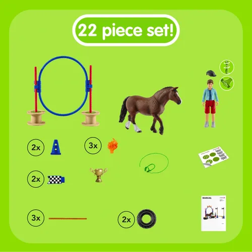 Vista 2 de Schleich Farm World, juguetes de caballos para niños, juego de carreras de agilidad de poni con figuras de caballo y accesorios, juego de 22 piezas