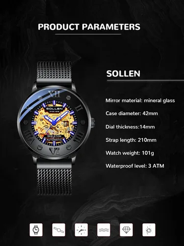 Vista 8 de SOLLEN Reloj automático esqueleto para hombre, reloj automático de esqueleto de doble cara para hombres