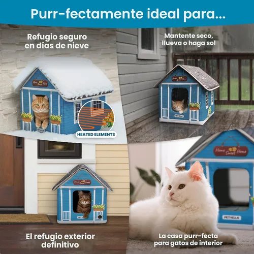 Vista 4 de Casa climatizada de lujo para gatos para invierno, resistente a la intemperie, aislada, fácil montaje, almohadilla térmica para gatos, puertas