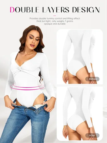 Vista 4 de Body para mujer, cuello en V, nudo frontal, manga larga, sexy, con cierre a presión, colección Moon