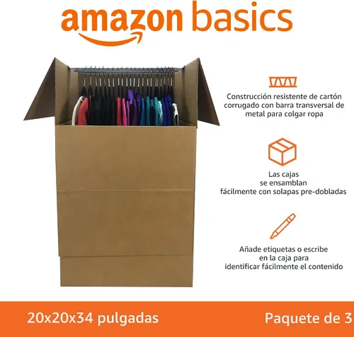Vista 2 de Amazon Basics Cajas de mudanza para ropa de armario con barra, 20 x 20 x 34 pulgadas, paquete de 3 Con barra de suspensión, para empacar ropa