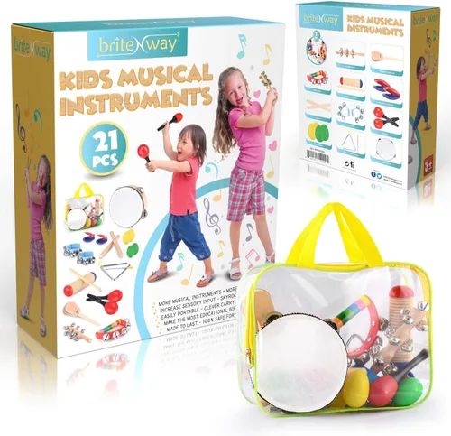 Vista 3 de Juego de instrumentos educativos y musicales para niños pequeños, 21 piezas, con pandereta, maracas, castañuelas y más, promueve las habilidades