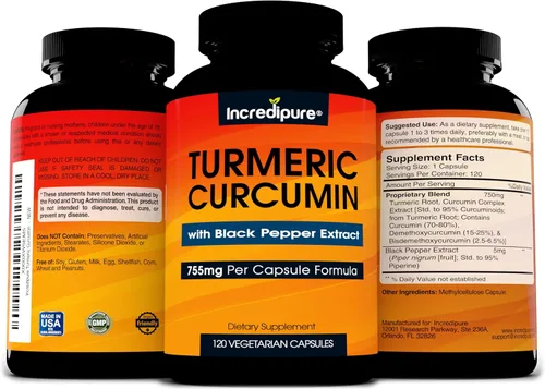 Vista 4 de Cúrcuma Curcumina vegana, suplemento con Bioperina, 26.50 onzas por cápsula, 120 cápsulas.