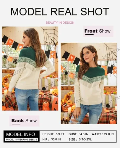 Vista 2 de Dokotoo - Suéteres de bloque de color para mujer, suéter de manga larga con cuello redondo, suéter sin botones.