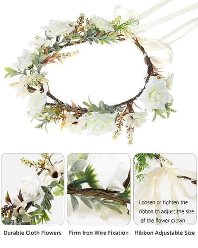 Vista 2 de AWAYTR Corona de hojas y flores, diadema ajustable con diseño floral para novia, boda, festival, fiesta, corona de hojas de flores (blanco crema)