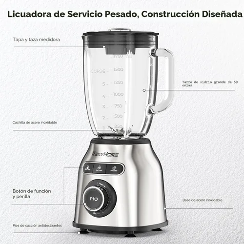 Vista 7 de Batidora REXYHOME de 8 velocidades con tarro de vidrio de 59 onzas, máquina de batidos de pico de 1000 W 3 Preset Programs, Pulse & Self-Cleaning