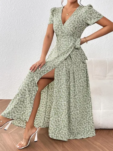 Vista 6 de OYOANGLE Vestido largo de manga corta con cuello en V y estampado floral bohemio para mujer