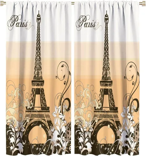Vista 41 de Cortinas de la Torre Eiffel de París, pintura al óleo, flores moradas, torres de ciudad, con bolsillo para barra, cortinas de ventana