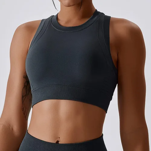 Vista 43 de Conjuntos de entrenamiento para mujer, 2 piezas, sin costuras, acanalada, sin mangas, brasier deportivo, cintura alta, pantalones cortos