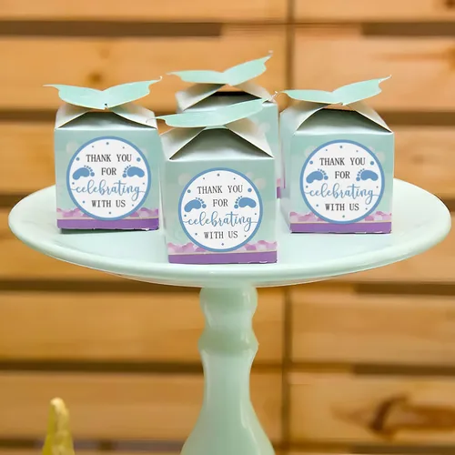 Vista 6 de Calcomanías de recuerdo de baby shower, 240 unidades para niño, tema de pies azules de 2 pulgadas, huella, agradecimiento por celebrar con nosotros