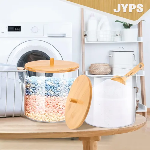Vista 3 de JYPS Recipiente de cápsulas de lavandería de gran capacidad con tapa de bambú, recipientes de detergente en polvo acrílico transparente para vainas