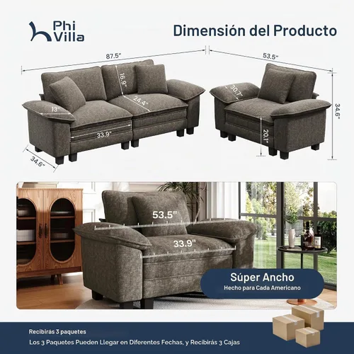 Vista 3 de PHI VILLA Conjuntos de sofás modulares Cloud, juego de sofá seccional de 2 piezas con sofá cama, sofá cómodo de 3 plazas para sala de estar y Ceniza