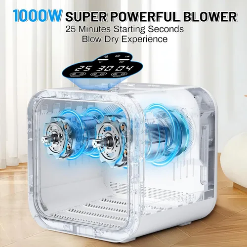 Vista 3 de Caja secadora automática de pelo para mascotas, soplador de ventiladores de doble motor de 70L para gatos y perros pequeños, secado de 360°, control