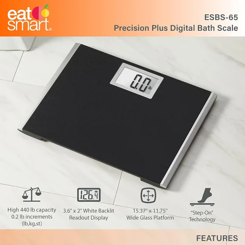 Vista 3 de Báscula Eat Smart Precision Plus para peso corporal, plataforma ancha para mayor comodidad. Capacidad extra pesada de 440 libras