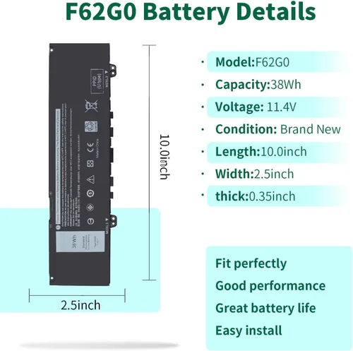 Vista 2 de 38Wh F62G0 - Batería para portátil Dell Inspiron 13 7000 7373 7386 2 en 1 7370 7380 5370 P91G P83G P87G P91G001 P83G001 P83G002 P87G002 P87G001 001