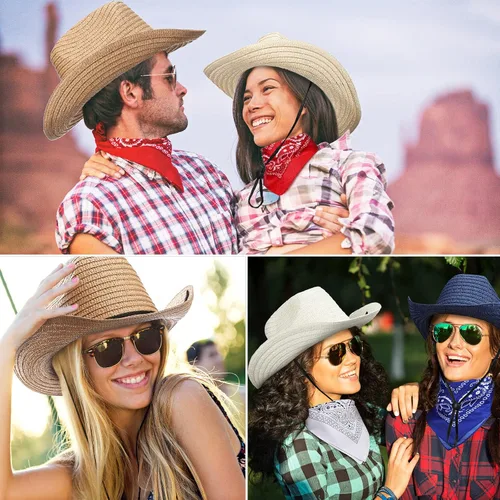 Vista 4 de SATINIOR - Juego de 12 sombreros de vaquero de paja y bandanas para fiesta, sombrero de vaquero para fiesta, disfraz y bandana, accesorios