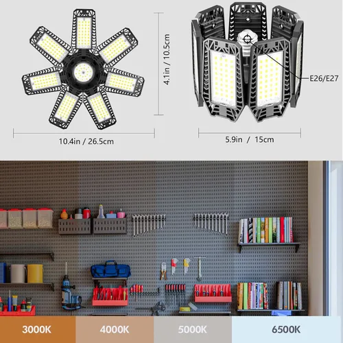 Vista 4 de Luz LED de garaje de 200W 20000LM 6500K, luces de techo de garaje con 7+1 paneles ajustables, luces de tienda con rosca E26 E27 para taller, sala