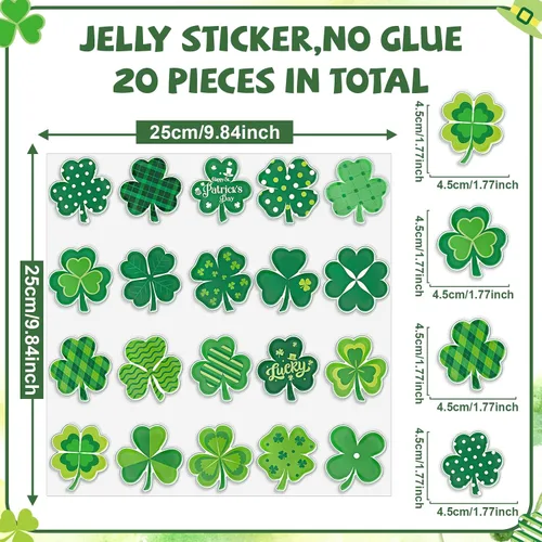 Vista 2 de 20 calcomanías de gel para el día de San Patricio, trébol para ventana, para decoración de habitación, reutilizables, extraíbles, gelatina de trébol