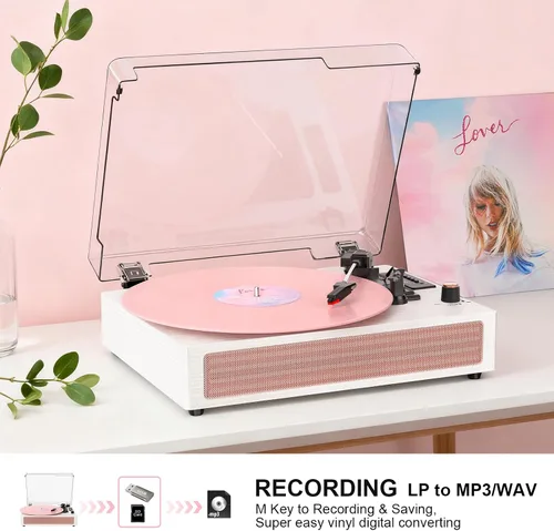 Vista 2 de Tocadiscos de vinilo con altavoces, tocadiscos Bluetooth vintage rosa con modos de sonido EQ y pantalla LED, tocadiscos de 3 velocidades para discos