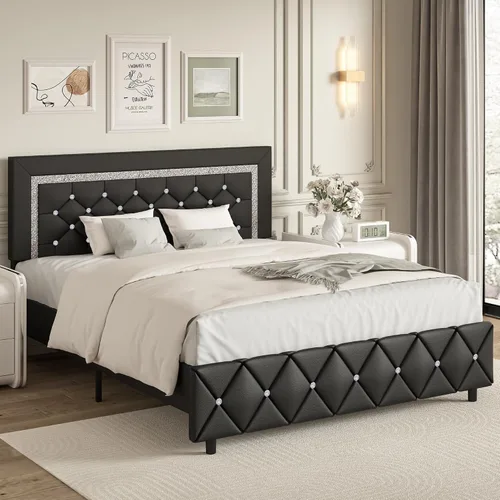Vista 11 de BarnFurin Base de cama individual con cabecero, cama tapizada con diseño capitonado de diamante, marco de cama para niños con soporte de listones