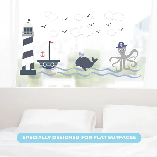 Vista 3 de Calcomanía de pared de faro, ballena y pulpo, decoración para dormitorio de niños, decoraciones náuticas I Decoración náutica de aula I Decoración