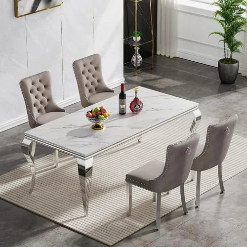 Vista 16 de Juego de mesa de comedor de mármol sintético, 7 piezas, juego de mesa de cocina y comedor para 6, mesa de comedor rectangular blanca de 70 pulgadas