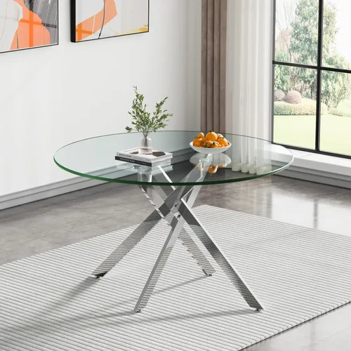 Vista 28 de Mesa de comedor redonda, mesa de cocina de vidrio de 36 pulgadas para 4 personas, mesa de comedor de vidrio templado con patas de metal plateadas