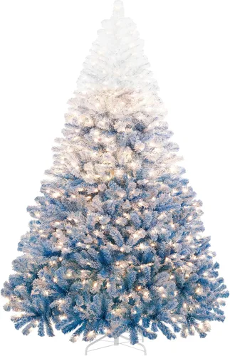 Vista 19 de Yaheetech - Árbol artificial de Navidad preiluminado de 9 pies con luces incandescentes de color blanco cálido, árbol de Navidad con flecos de Verde