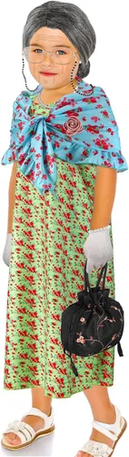 Vista 7 de Yingzhao 20 Pcs Halloween Old Lady Costume Grandma Granny Wig Dress Wrinkle Tattoos Wig with Rollers Cane Glasses Chain Cord Necklace