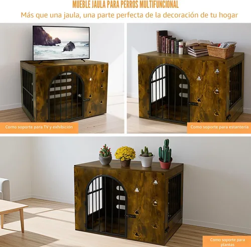Vista 5 de Mueble de jaula para perros pequeños y medianos, perrera de metal de madera resistente para interiores con cuencos, jaula decorativa para mascotas