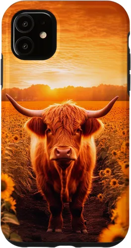 Vista 6 de iPhone 12 mini Estética Scottish Highland Cow In Sunflower Field Sunset Case