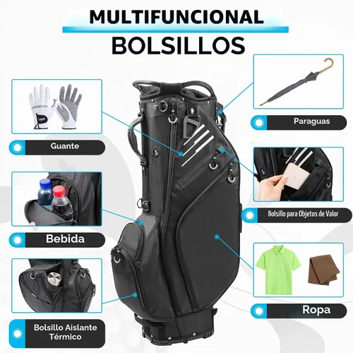Vista 4 de Bolsa de golf con divisores de longitud completa de 14 vías con soporte, bolsa de golf ligera e impermeable, 8 bolsillos, bolsa enfriadora, bolsa