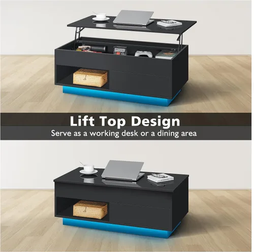 Vista 3 de HOMMPA - Mesa de café con tapa elevable de 40" con almacenamiento, mesa de centro LED moderna de alto brillo para sala de estar, mesa de té moderna