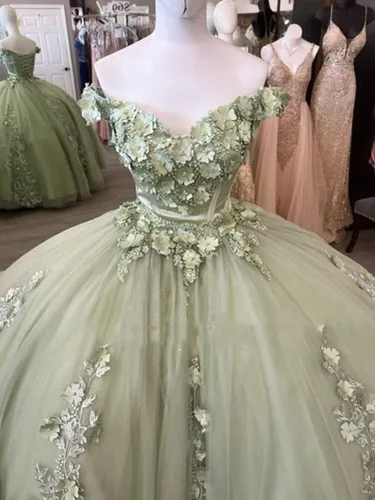 Vista 4 de Mouccy Preciosos vestidos de quinceañera con hombros descubiertos, vestido de bola hinchado con cuentas vestidos de fiesta de encaje dulce 15 16