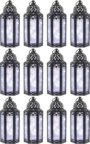 Vista 34 de VELA LANTERNS Juego de 2 portavelas decorativos de LED con luces de hadas de 12" de metal marroquí para colgar o mesa, decoración del hogar