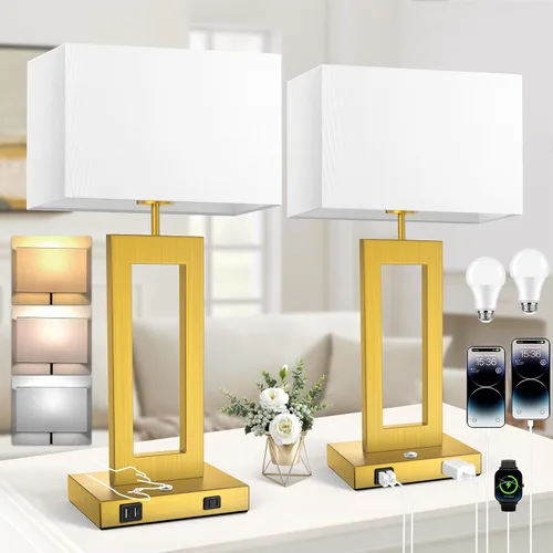 Vista 8 de Kondras Juego de 2 lámparas de mesa para dormitorios, 3 temperaturas de color, control táctil, lámparas de noche con 2 puertos USB y salida de CA