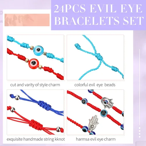 Vista 3 de Fumete 24 pulseras hechas a mano contra el mal de ojo para mujer, pulseras mexicanas ajustables de la suerte, pulsera de hilo de mano, pulseras