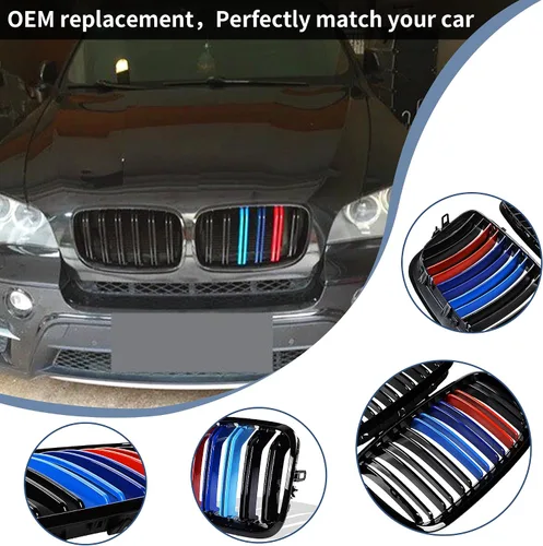 Vista 6 de X5 E70 - Rejilla de riñón de color negro brillante M para BMW X5 E70 X6 E71 2007-2014 (láminas dobles de color M)