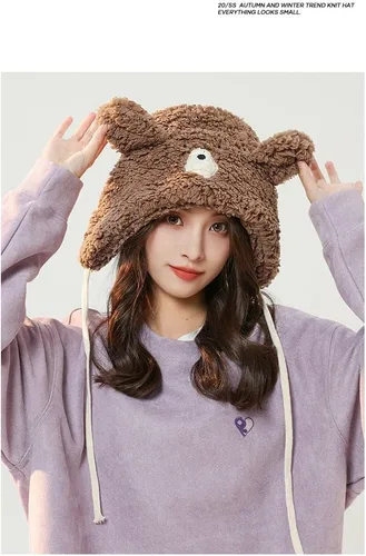 Vista 5 de Lindo sombrero de oreja de oso kawaii estético, gorro de invierno suave y cálido para mujer