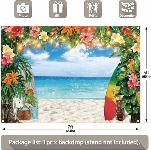Vista 2 de Telón de fondo de fotografía de playa hawaiana de verano de 7 x 5 pies, flores tropicales, hojas de palma, fondo de tabla de surf, decoración