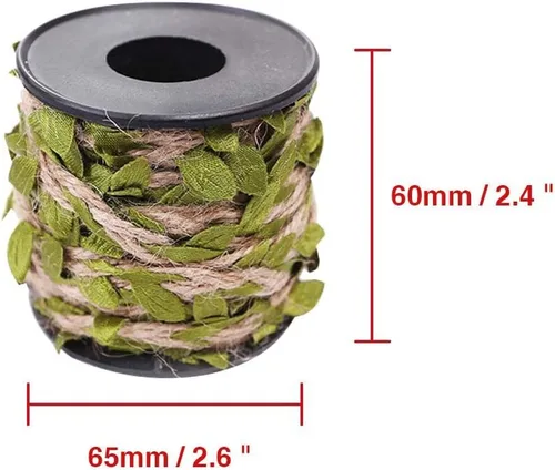 Vista 2 de Cinta de hoja de arpillera, 2 rollos de 66 pies en total de 0.197 in, cordel de yute natural con hojas verdes artificiales, enredaderas decoradas