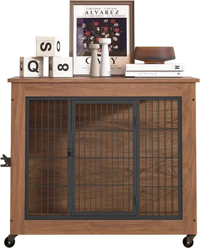 Vista 9 de Mueble de jaula para perros de 32.5 pulgadas con ruedas, mesa de madera resistente para perreras, jaula para mascotas de interior con 2 puertas