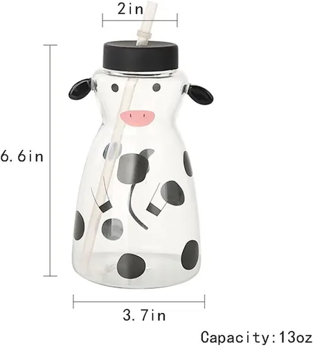Vista 2 de Vaso de cristal transparente con tapa y pajita de dibujos animados de vaca