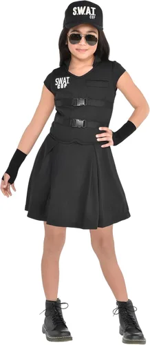 Vista 2 de S.W.A.T - Disfraz de niña S (4-6) Todo negro y divertido traje de diseño, perfecto para Halloween, fiestas de disfraces y más 1 juego