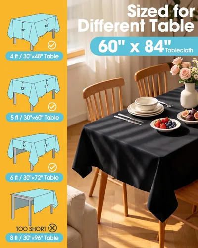 Vista 5 de Mantel de Mesa Rectangular Negro - Paquete de 6, 60" × 84" Mantel de Tela Lavable para Mesas de 5 Pies, Resistente a las Arrugas y a Prueba de Calor