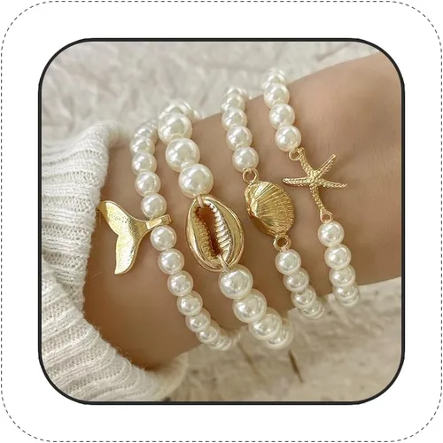 Vista 9 de Pulseras de perlas para mujer, pulsera de perlas de imitación con cuentas de perlas blancas, juego de pulseras elásticas apilables, pulseras