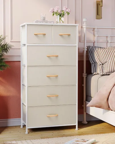 Vista 7 de Crestlive Products Cómoda para dormitorio, torre de almacenamiento alta y delgada, marco de acero resistente, parte superior de madera, cubos